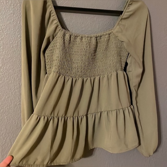 Paper Crane Olive Green Smocked Long Sleeve Boho Fairy Spring Summer Blouse Top - Picture 4 of 15